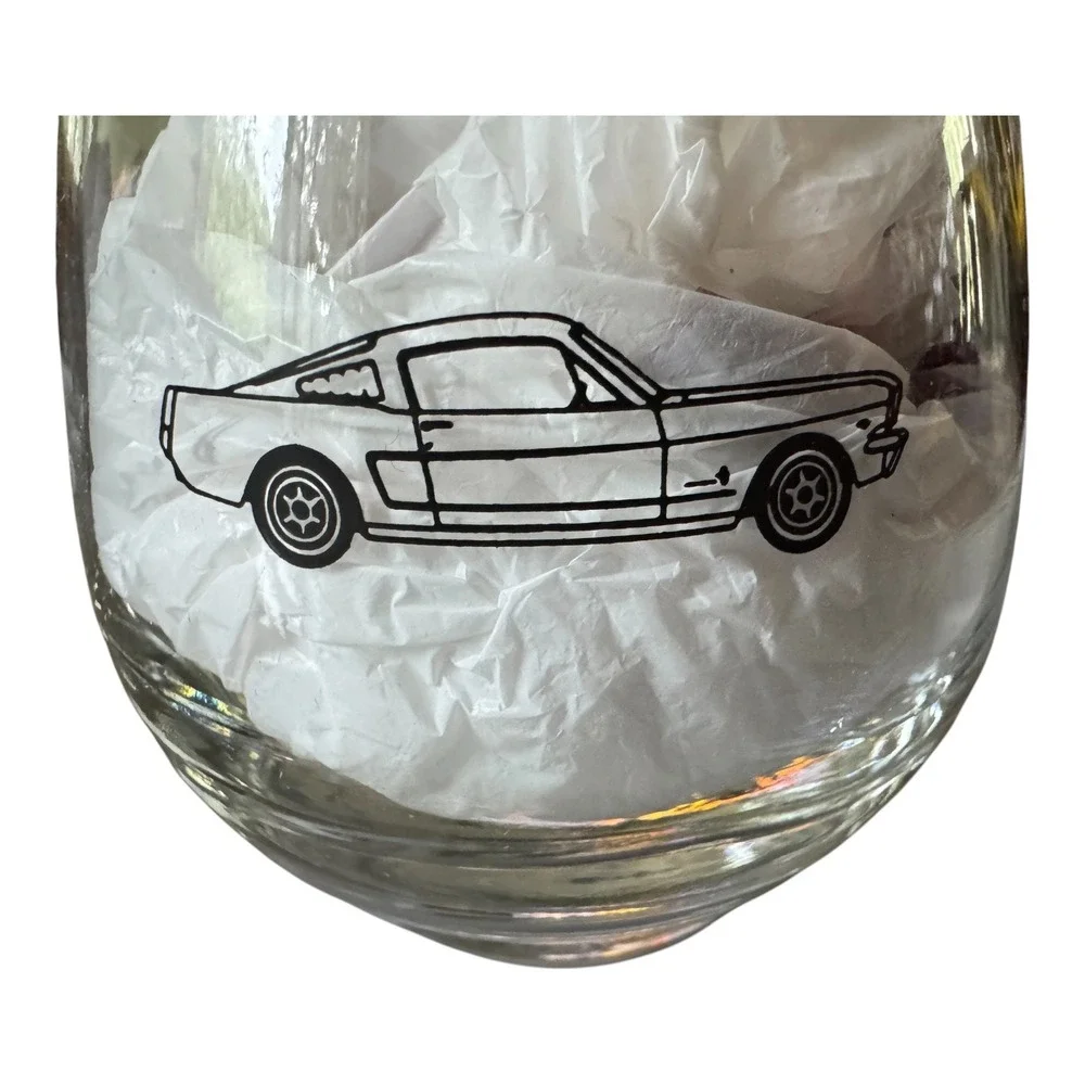 Ford Mustang Vintage Car Graphic Stemless Wine Glass Clear Tumbler Barware